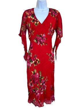 Vintage Y2K American Angel Red Floral Beaded Flowy Midi Dress S Fairy